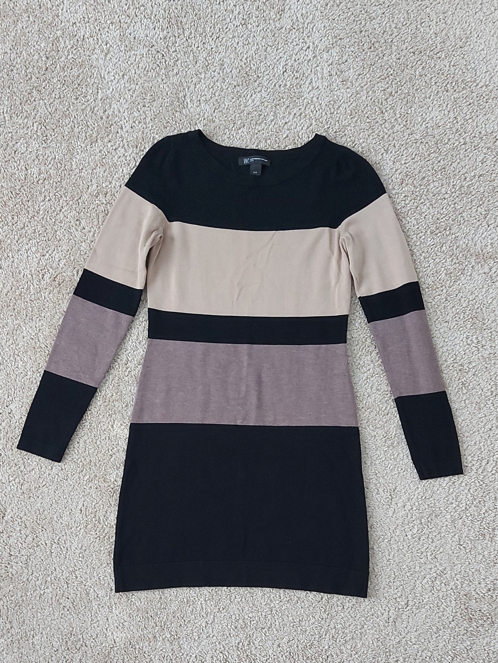 INC International Concepts Black, Beige & Taupe Colorblock Long Sleeve Dress